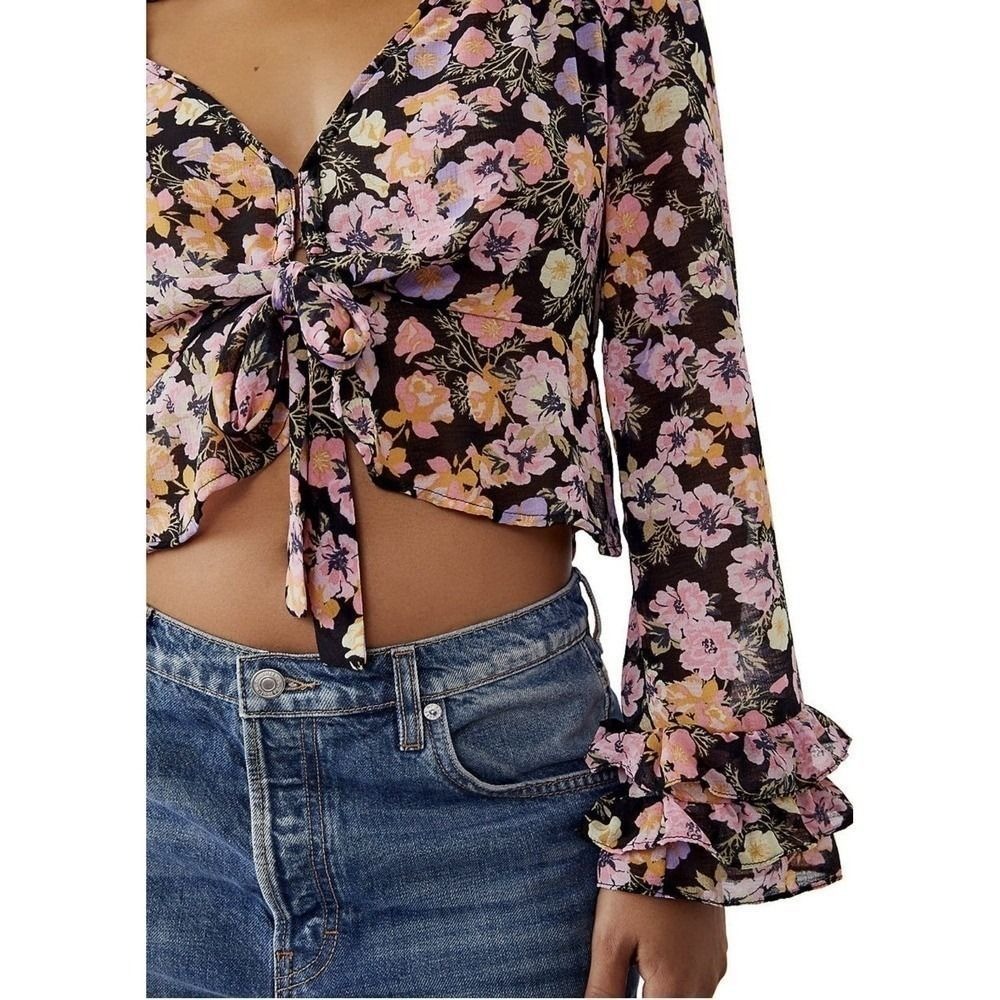 Free People Sheer Blouse NEW Womens Small Black Pink Floral Crop Ruffle Festival